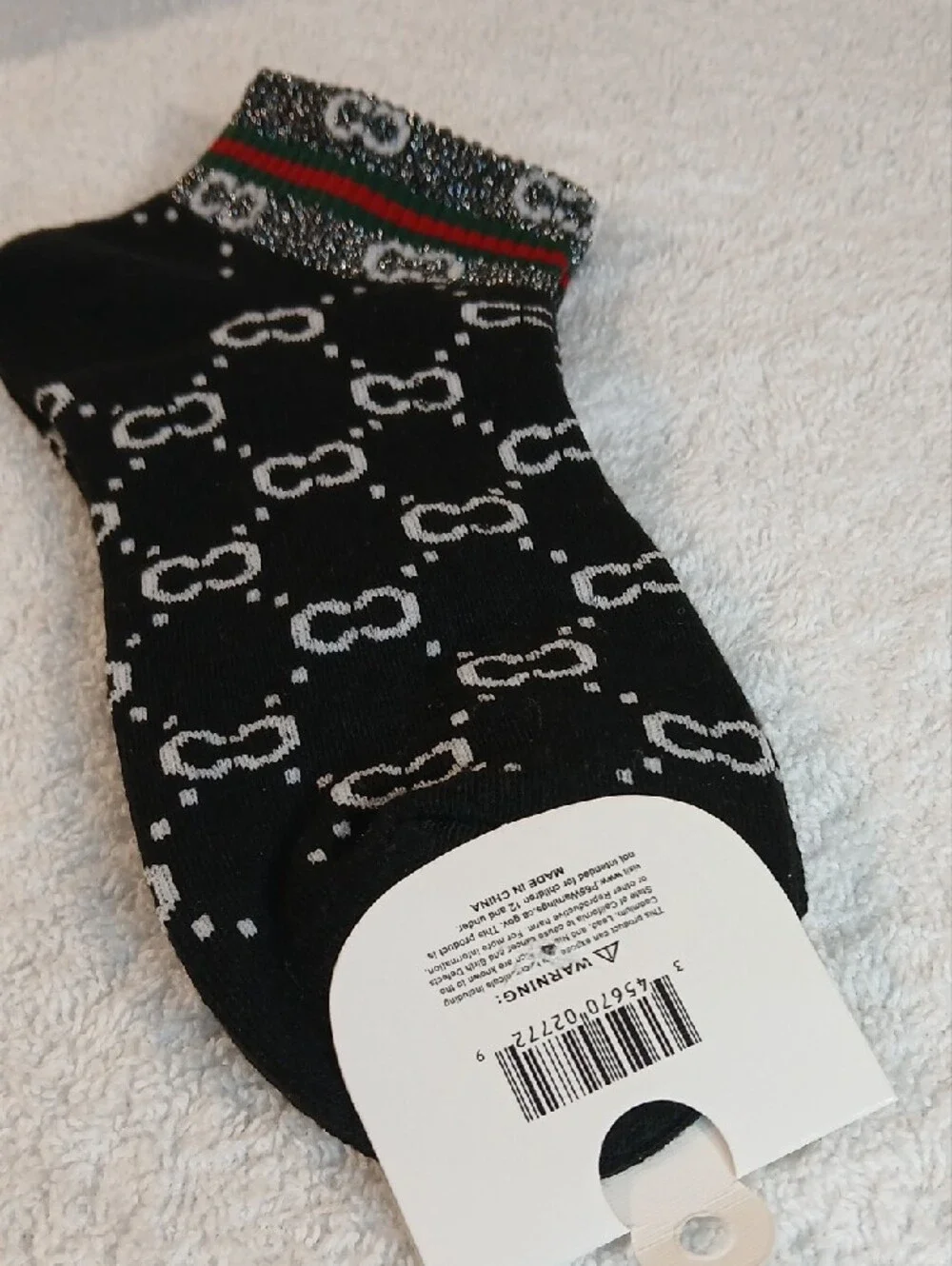Black Ankle Socks with White Pattern and Green-Red Accent